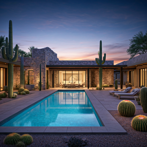 Modern desert residence with a pool at dusk.