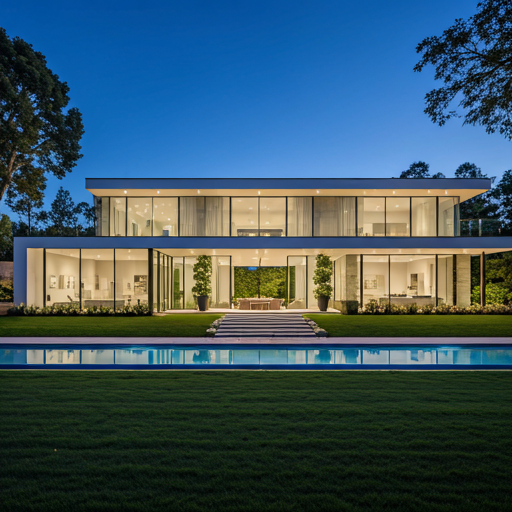 Modern glass pavilion residence at twilight.